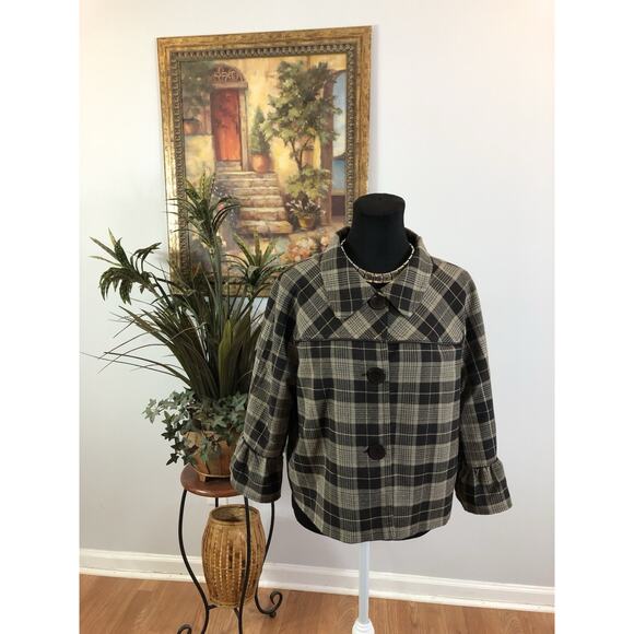 New Directions Women Cropped Blazer Plaid Size L 3/4 Bell Sleeve Academia Y2K - Picture 1 of 9